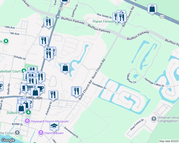 map of restaurants, bars, coffee shops, grocery stores, and more near 10 Lake Linden Lane in Bluffton