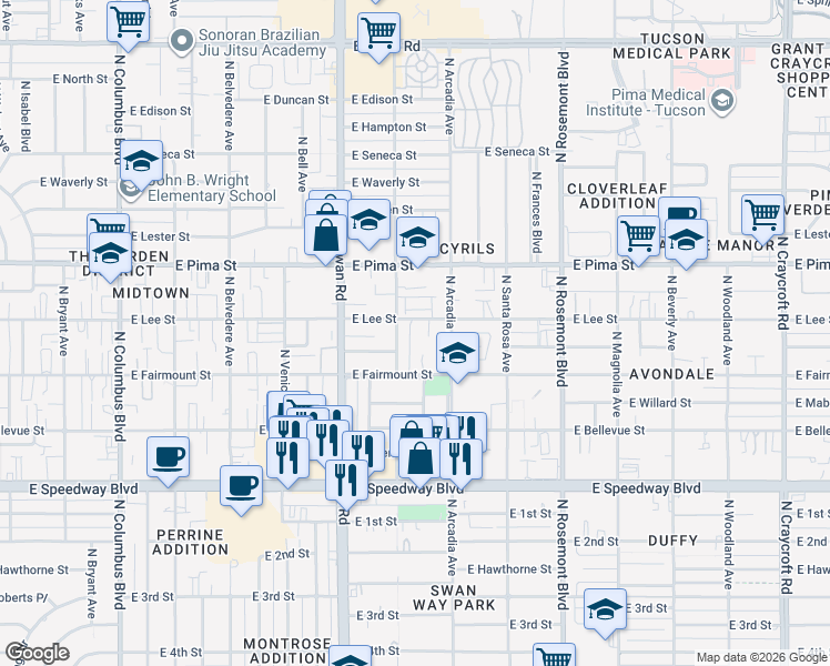 map of restaurants, bars, coffee shops, grocery stores, and more near 1554 North Lee Lofts Lane in Tucson
