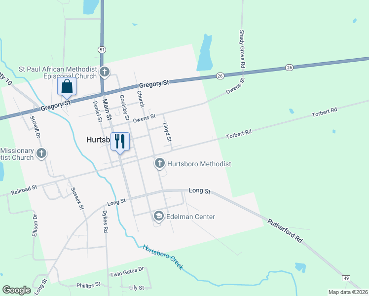 map of restaurants, bars, coffee shops, grocery stores, and more near 733 Railroad Street in Hurtsboro