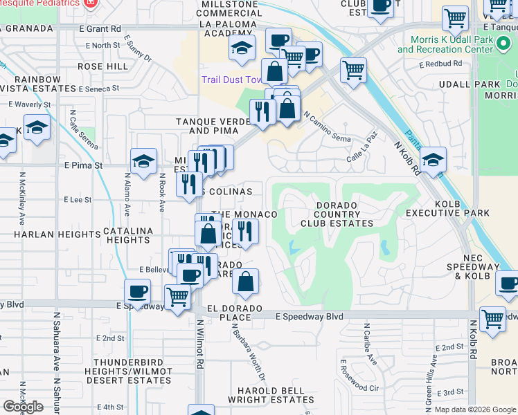 map of restaurants, bars, coffee shops, grocery stores, and more near 1620 North Wilmot Road in Tucson