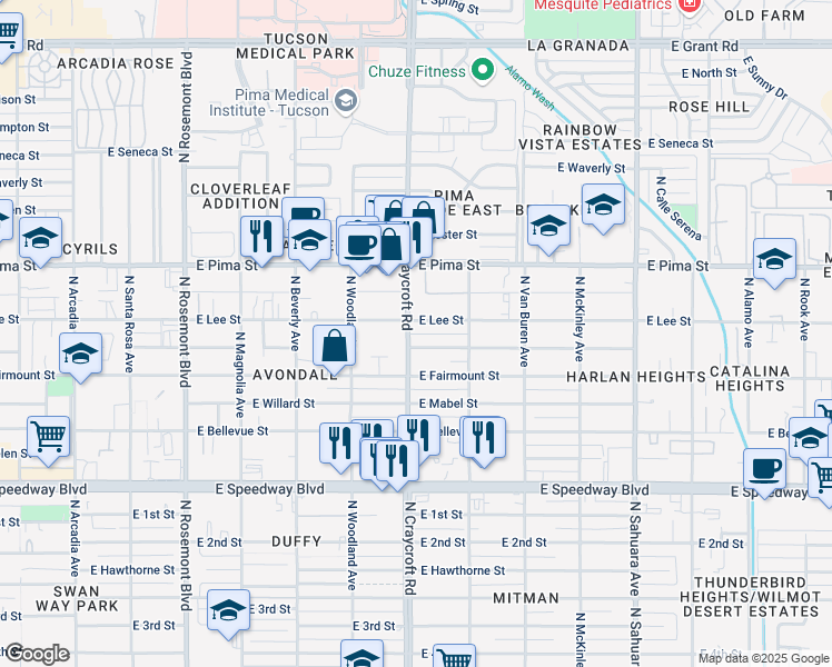 map of restaurants, bars, coffee shops, grocery stores, and more near 1502 North Craycroft Road in Tucson