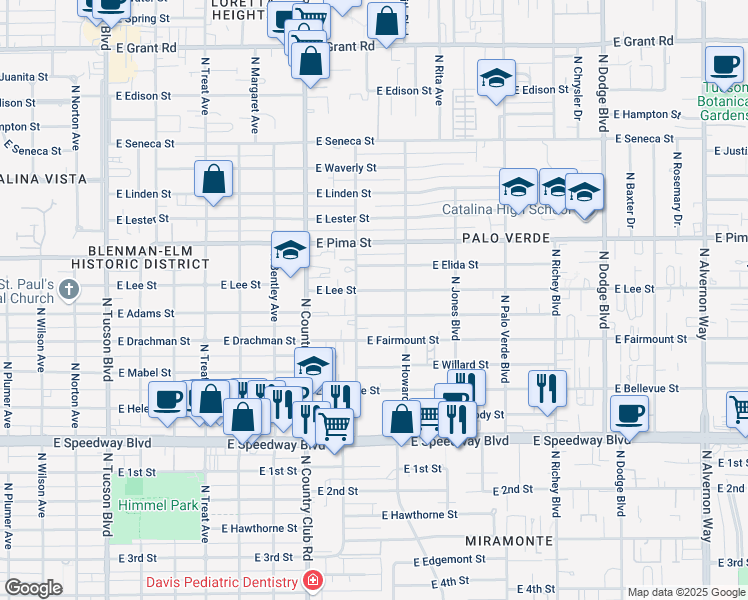 map of restaurants, bars, coffee shops, grocery stores, and more near 3231 East Camden Street in Tucson