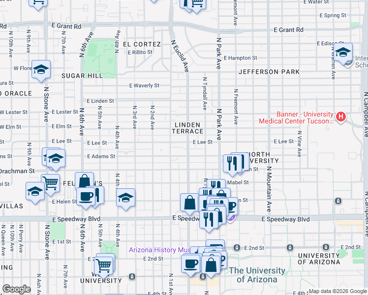 map of restaurants, bars, coffee shops, grocery stores, and more near in Tucson