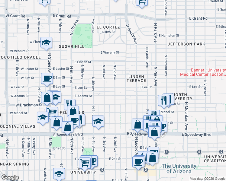 map of restaurants, bars, coffee shops, grocery stores, and more near 1505 North 2nd Avenue in Tucson