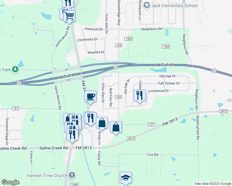 map of restaurants, bars, coffee shops, grocery stores, and more near 16470 County Road 164 in Tyler