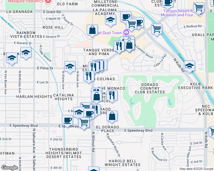 map of restaurants, bars, coffee shops, grocery stores, and more near 1600 North Wilmot Road in Tucson