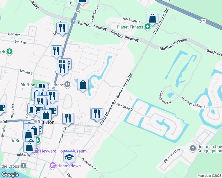 map of restaurants, bars, coffee shops, grocery stores, and more near 14 Lake Linden Lane in Bluffton