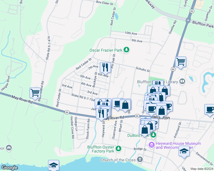 map of restaurants, bars, coffee shops, grocery stores, and more near 67 Pin Oak Street in Bluffton