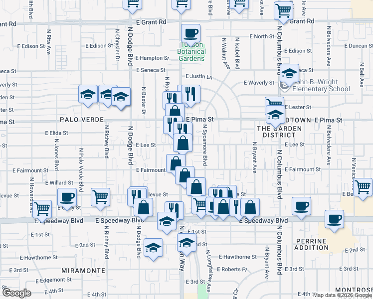 map of restaurants, bars, coffee shops, grocery stores, and more near 1451 North Sycamore Boulevard in Tucson