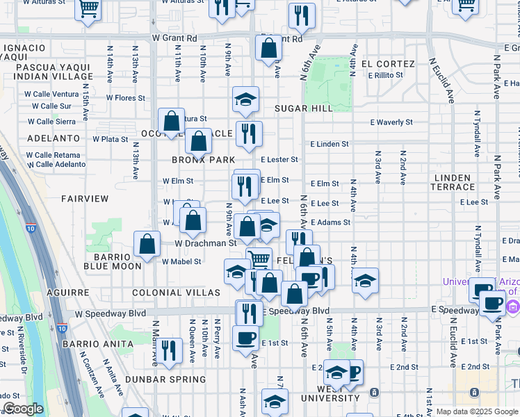 map of restaurants, bars, coffee shops, grocery stores, and more near 1530 North Stone Avenue in Tucson