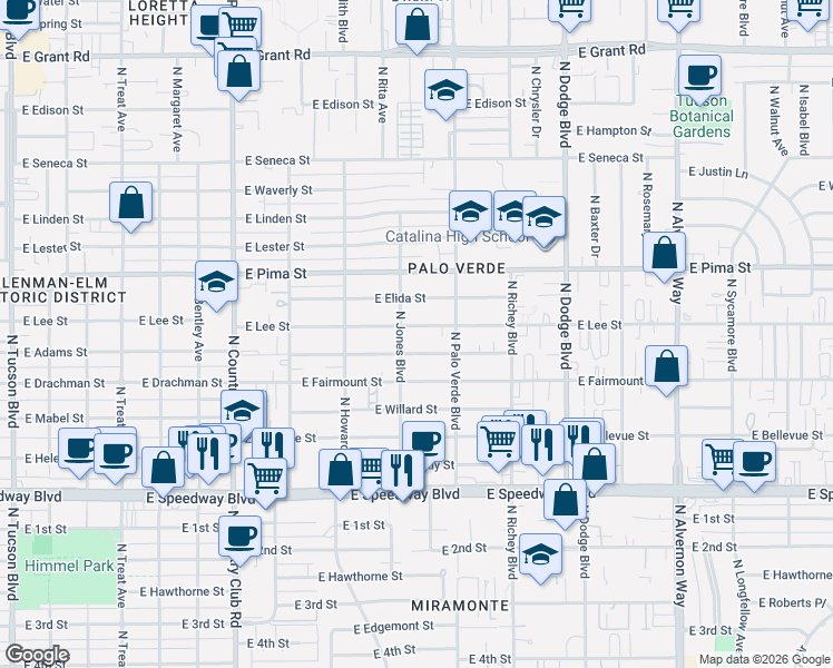 map of restaurants, bars, coffee shops, grocery stores, and more near 3355 East Camden Street in Tucson