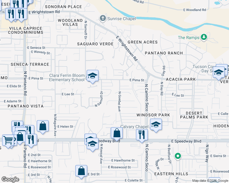 map of restaurants, bars, coffee shops, grocery stores, and more near 8434 East Lee Circle in Tucson