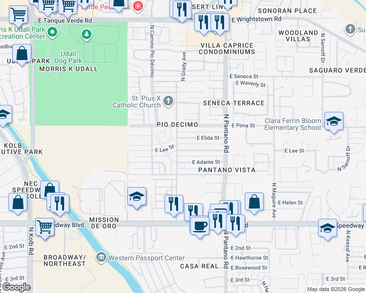 map of restaurants, bars, coffee shops, grocery stores, and more near 7722 East Lee Street in Tucson