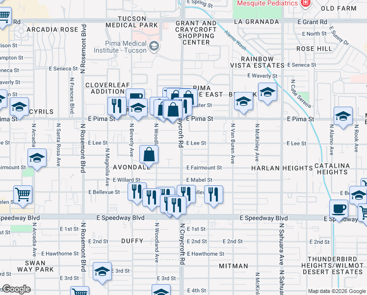 map of restaurants, bars, coffee shops, grocery stores, and more near 1502 North Craycroft Road in Tucson