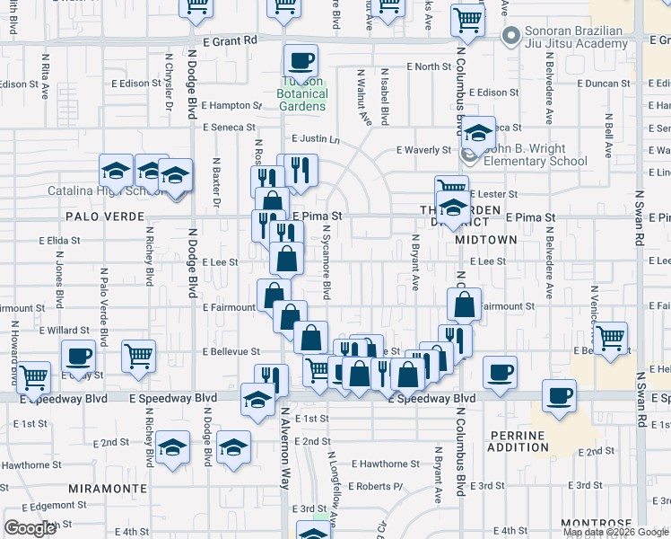 map of restaurants, bars, coffee shops, grocery stores, and more near 4012 East Lee Street in Tucson