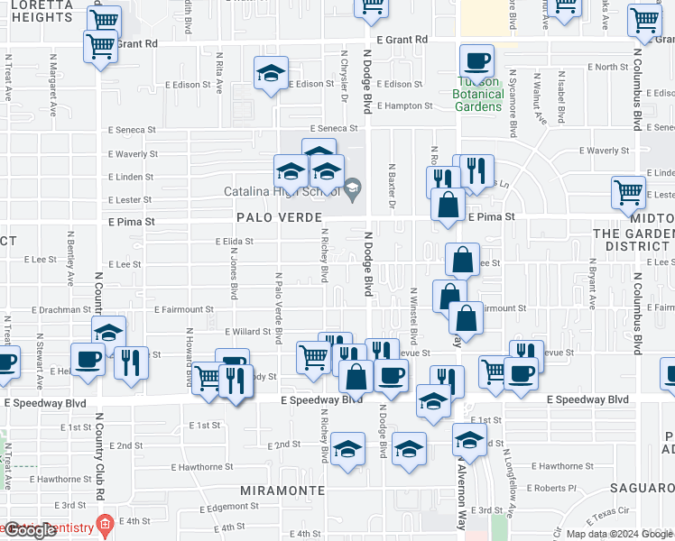 map of restaurants, bars, coffee shops, grocery stores, and more near 1508 North Richey Boulevard in Tucson