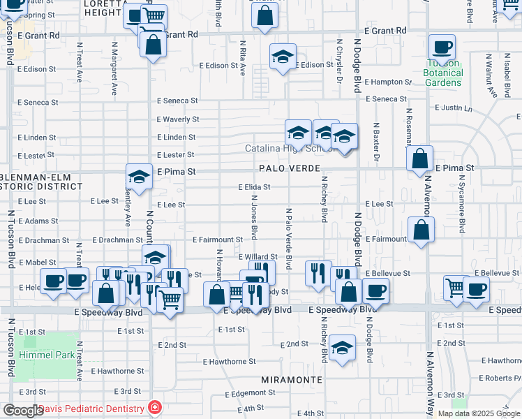 map of restaurants, bars, coffee shops, grocery stores, and more near 3355 East Camden Street in Tucson