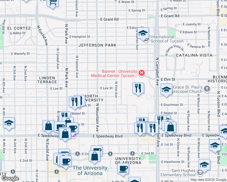map of restaurants, bars, coffee shops, grocery stores, and more near 1425 East Adams Street in Tucson