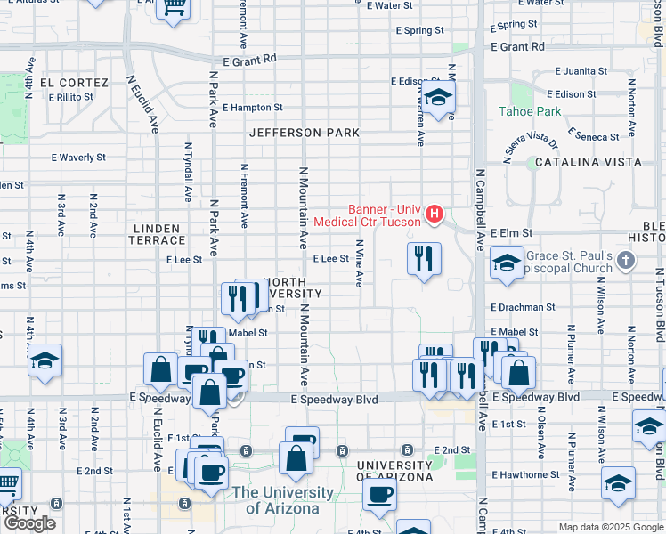 map of restaurants, bars, coffee shops, grocery stores, and more near 1425 East Adams Street in Tucson