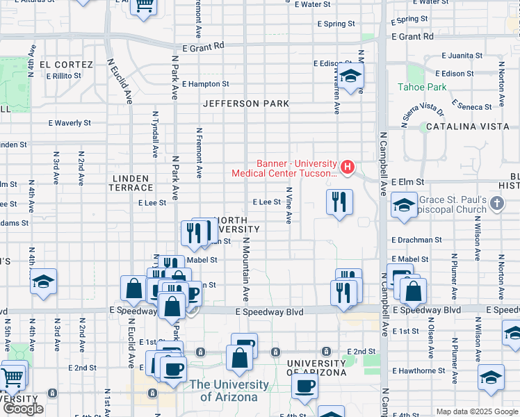 map of restaurants, bars, coffee shops, grocery stores, and more near 1315 East Adams Street in Tucson