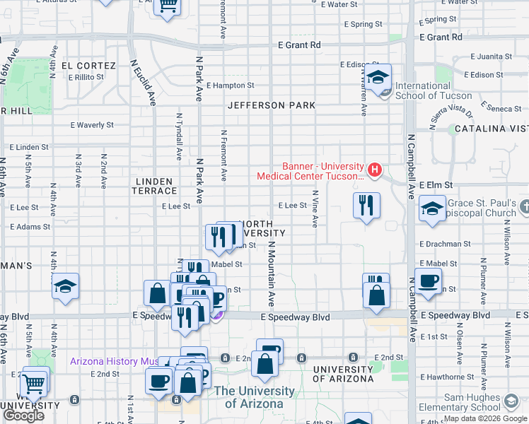 map of restaurants, bars, coffee shops, grocery stores, and more near 1512 North Santa Rita Avenue in Tucson