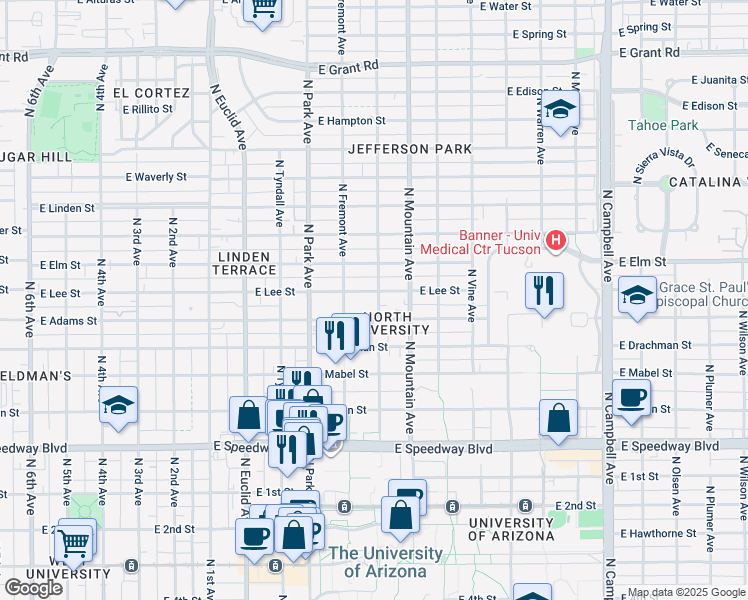 map of restaurants, bars, coffee shops, grocery stores, and more near 1512 North Santa Rita Avenue in Tucson