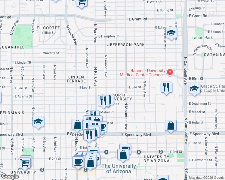 map of restaurants, bars, coffee shops, grocery stores, and more near 1103 East Adams Street in Tucson