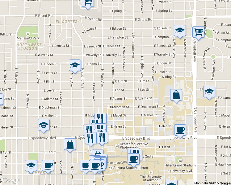 map of restaurants, bars, coffee shops, grocery stores, and more near 1103 East Adams Street in Tucson