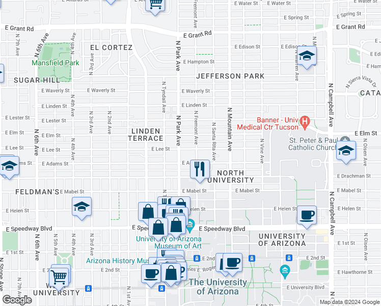 map of restaurants, bars, coffee shops, grocery stores, and more near 1520 North Park Avenue in Tucson