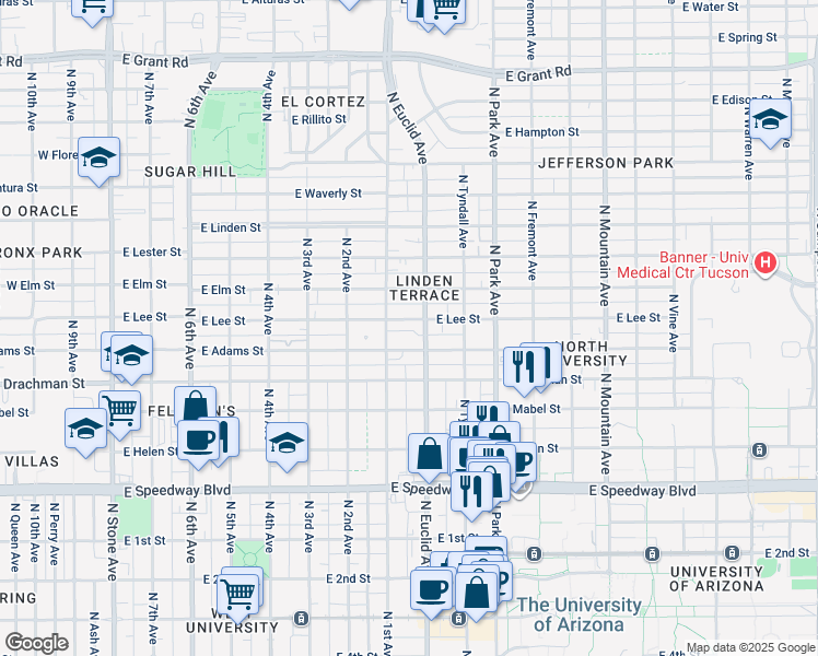 map of restaurants, bars, coffee shops, grocery stores, and more near in Tucson