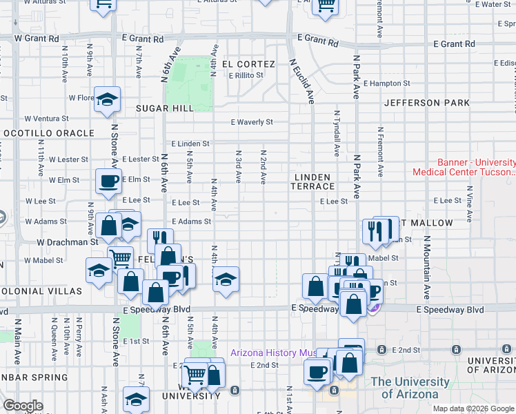 map of restaurants, bars, coffee shops, grocery stores, and more near 1505 North 2nd Avenue in Tucson