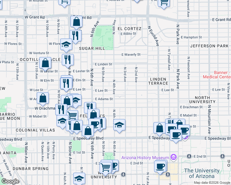 map of restaurants, bars, coffee shops, grocery stores, and more near 1530 North 4th Avenue in Tucson