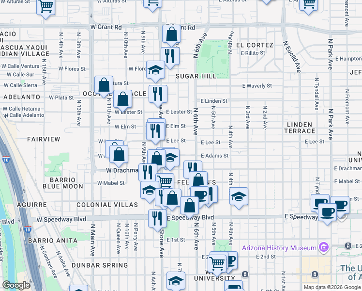 map of restaurants, bars, coffee shops, grocery stores, and more near 1502 North 7th Avenue in Tucson