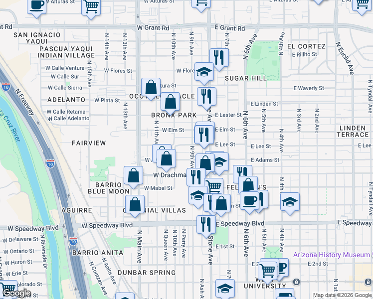 map of restaurants, bars, coffee shops, grocery stores, and more near 160 West Adams Street in Tucson