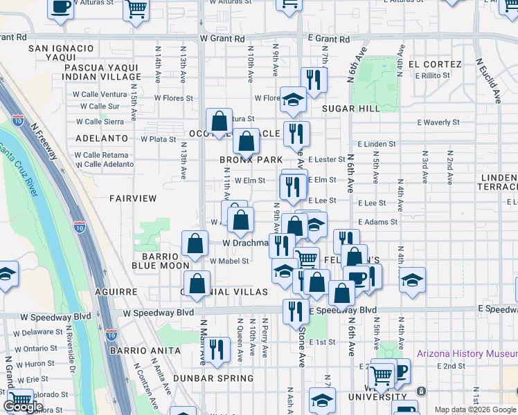 map of restaurants, bars, coffee shops, grocery stores, and more near 160 West Adams Street in Tucson
