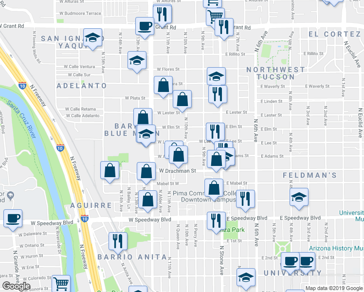 map of restaurants, bars, coffee shops, grocery stores, and more near 268 West Adams Street in Tucson
