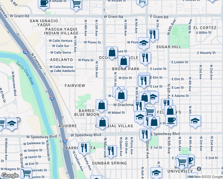 map of restaurants, bars, coffee shops, grocery stores, and more near 1508 North Oracle Road in Tucson