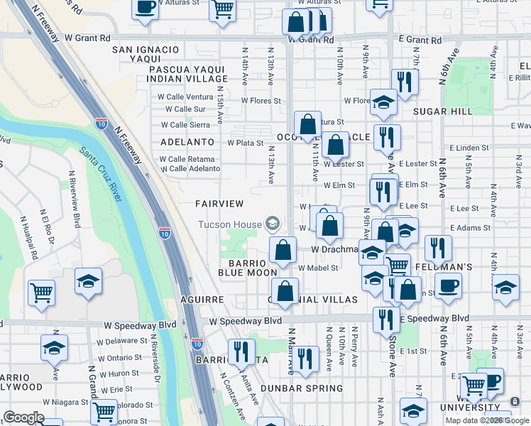 map of restaurants, bars, coffee shops, grocery stores, and more near 1525 North Oracle Road in Tucson