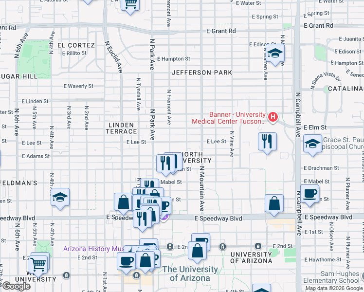 map of restaurants, bars, coffee shops, grocery stores, and more near 1579 North Santa Rita Avenue in Tucson