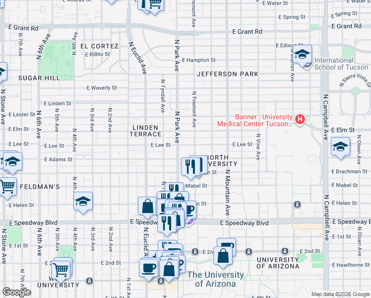 map of restaurants, bars, coffee shops, grocery stores, and more near 1520 North Park Avenue in Tucson