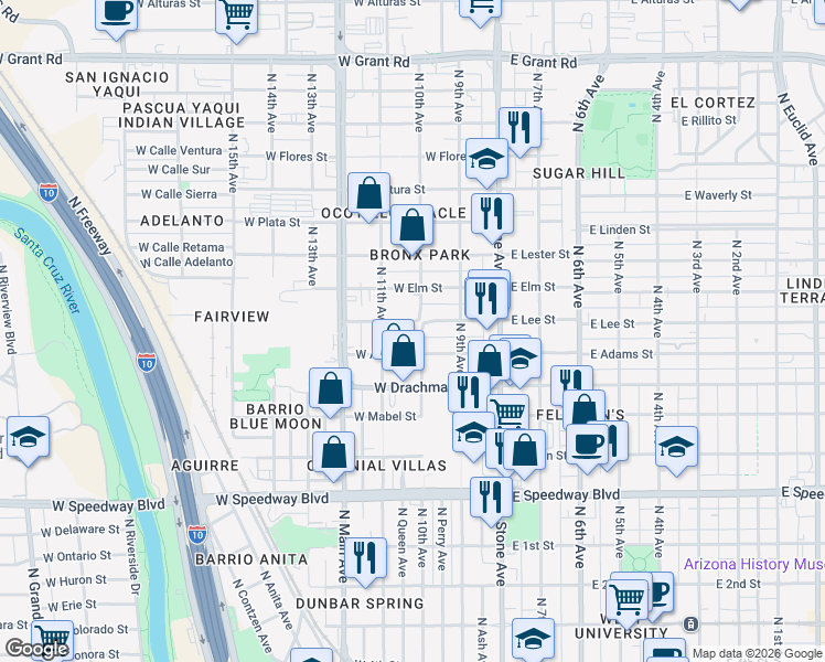 map of restaurants, bars, coffee shops, grocery stores, and more near 207 West Lee Street in Tucson