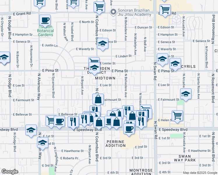 map of restaurants, bars, coffee shops, grocery stores, and more near 1521 North Catalina Avenue in Tucson