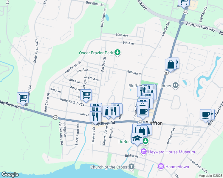 map of restaurants, bars, coffee shops, grocery stores, and more near 41 Brendan Lane in Bluffton