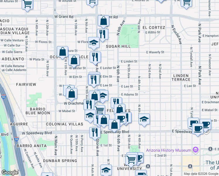 map of restaurants, bars, coffee shops, grocery stores, and more near 1502 North 7th Avenue in Tucson