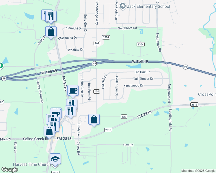 map of restaurants, bars, coffee shops, grocery stores, and more near 1818 Tall Timber Drive in Tyler