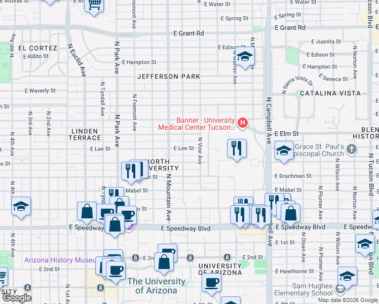 map of restaurants, bars, coffee shops, grocery stores, and more near 1425 East Adams Street in Tucson