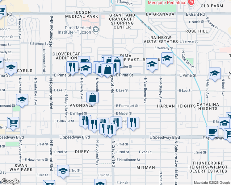 map of restaurants, bars, coffee shops, grocery stores, and more near 1502 North Craycroft Road in Tucson