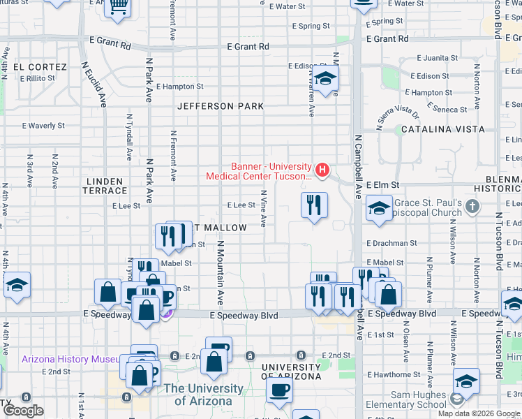 map of restaurants, bars, coffee shops, grocery stores, and more near 1446 East Lee Street in Tucson