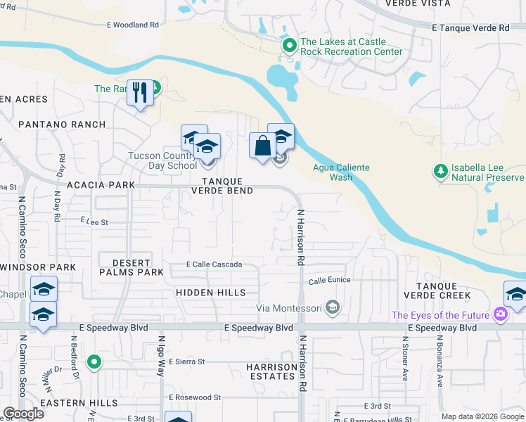 map of restaurants, bars, coffee shops, grocery stores, and more near 1635 North Harrison Road in Tucson