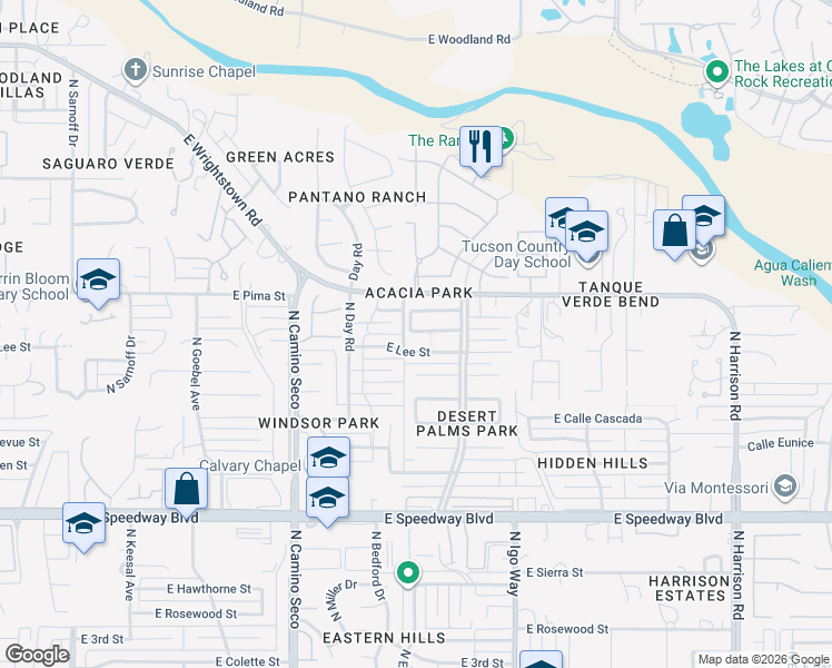 map of restaurants, bars, coffee shops, grocery stores, and more near 8921 East Lee Street in Tucson